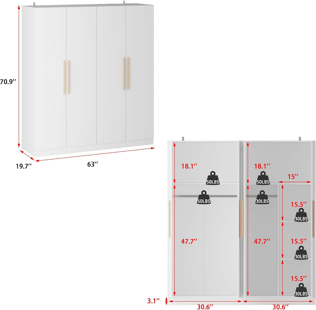 AGOTENI Armoire Wardrobe Closet with 4 Doors & 2 Hanging Rods, Wooden Clothing Storage Cabinet with Shelves for Bedroom, White, 19.7" D x 63" W x 70.9" H