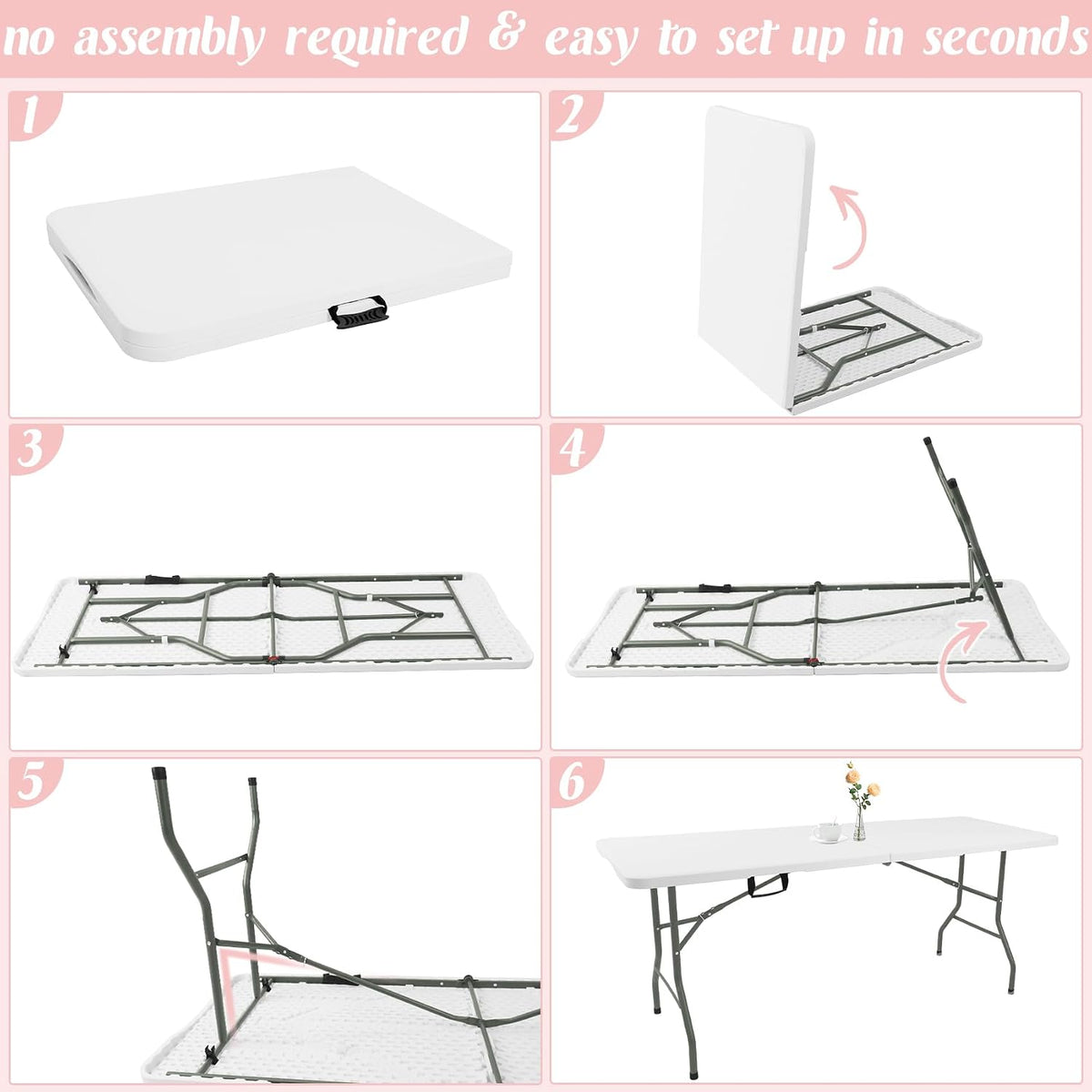 Fivenl 2 Pack 6 Feet Portable Folding Table White, Steel Legs Fold-in-Half with Carrying Handle Rectangular Plastic Foldable Table for Party, Wedding, Camping, Picnic, Dining, Indoor Outdoor Events