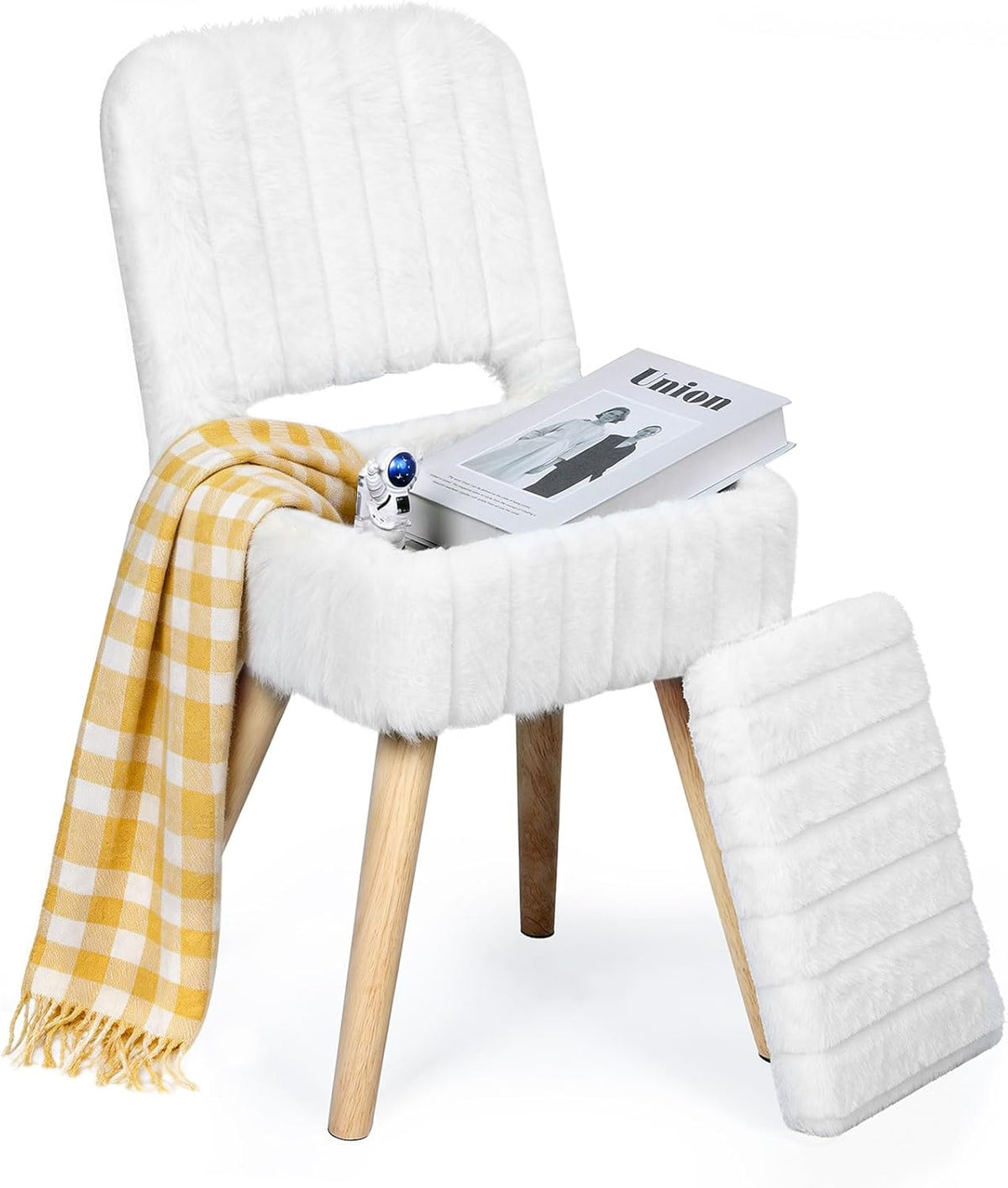 Vanity Stool with Storage & Folding Backrest,Faux Rabbit Fur Small Makeup Chair with 4 Solid Wood Legs,11.4" D x 14.9" W x 28.7" H,Soft Ottoman for Living Room,Bedroom,Closet,White