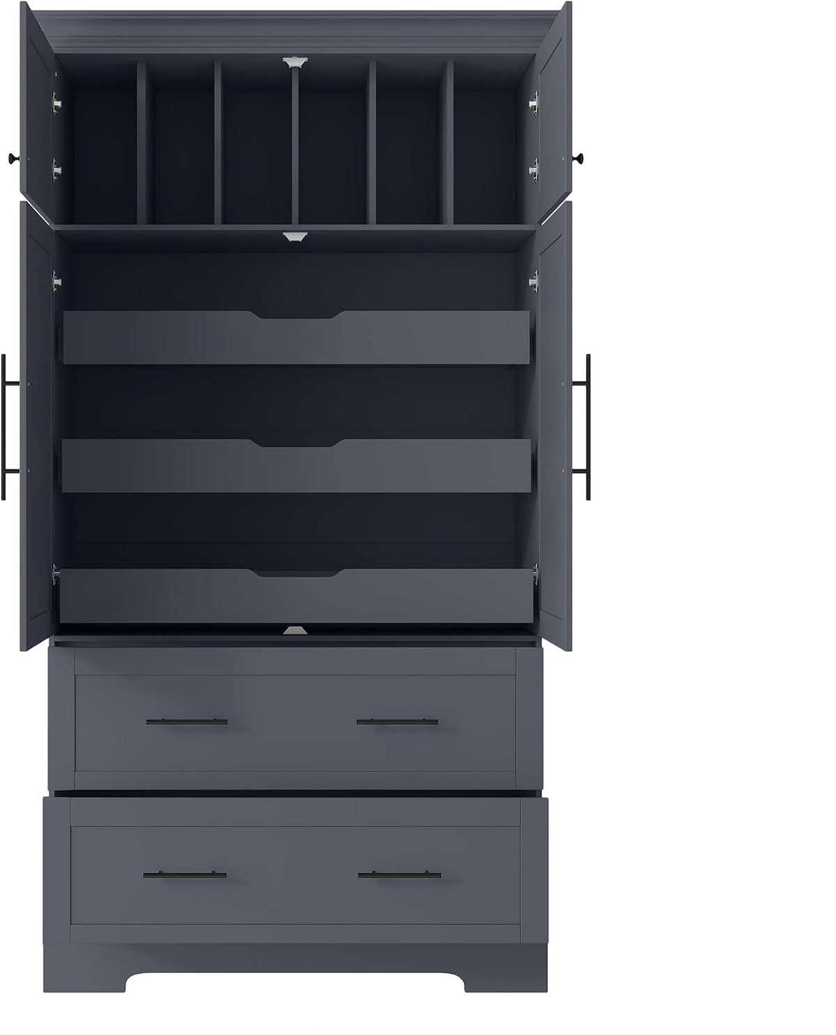 Farmhouse Freestanding Kitchen Pantry, 72.6''H Tall Wooden Kitchen Storage Cabinet with 2 Doors, Pull-out Trays, 2 Drawers and Cake Pan Storage Organizer for Dining Room Living Room (Grey-1.12)