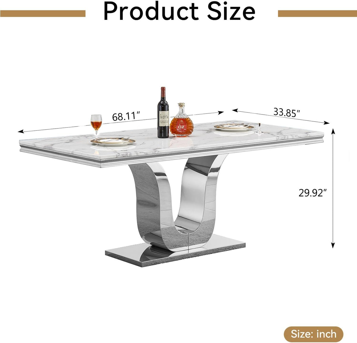 Faux Marble Dining Table for 4 to 6, 68 inch Luxury Dining Room Table with White Faux Marble Top & Silver Stainless Steel U Base, Modern Rectangle Dinner Table for Kitchen Living Dining Room Apartment