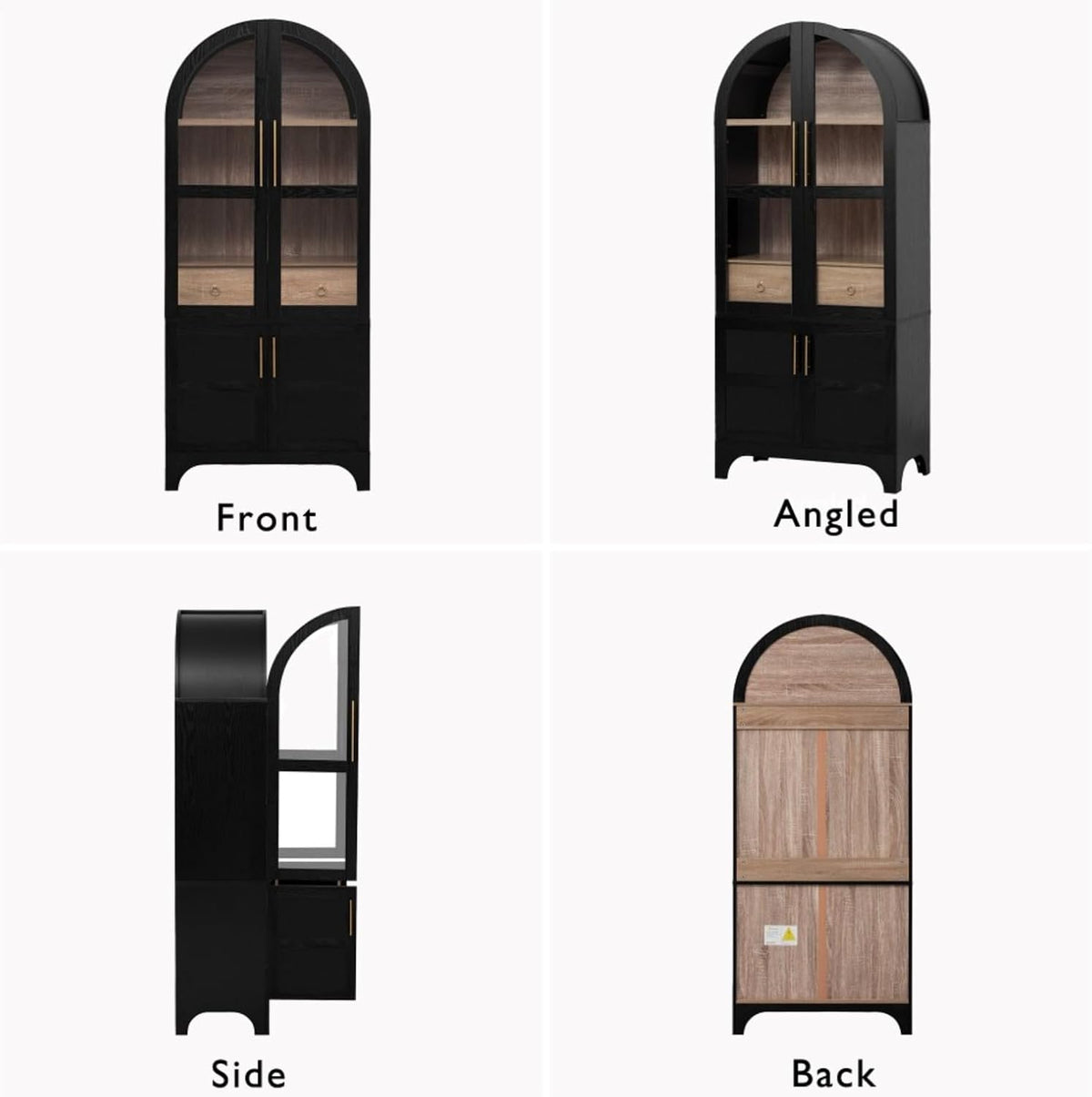 Hassyee Arched Kitchen Pantry Cabinet with Door Shelves, Farmhouse Kitchen Storage Cabinet with Open & Adjustable Shelves, Hidden Drawer & Glass Door, Cupboard for Kitchen, Dining Room (Black)