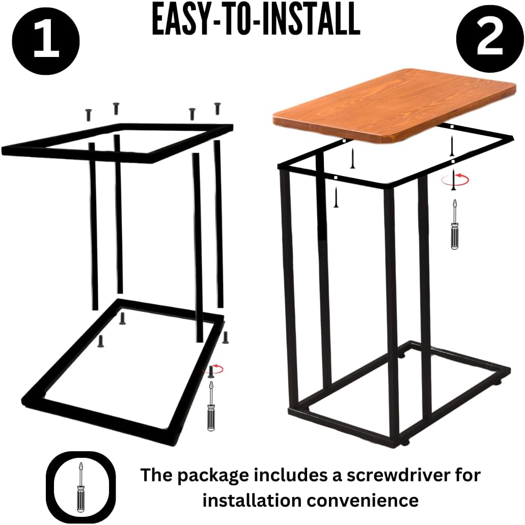 C-Shaped Handmade Solid Wood End Table, Side Table for Couches, Sofa Tables Slide Under Couch for Living Room, Over Couch TV Tray Table for Small Spaces with Metal Legs (Dark Walnut)