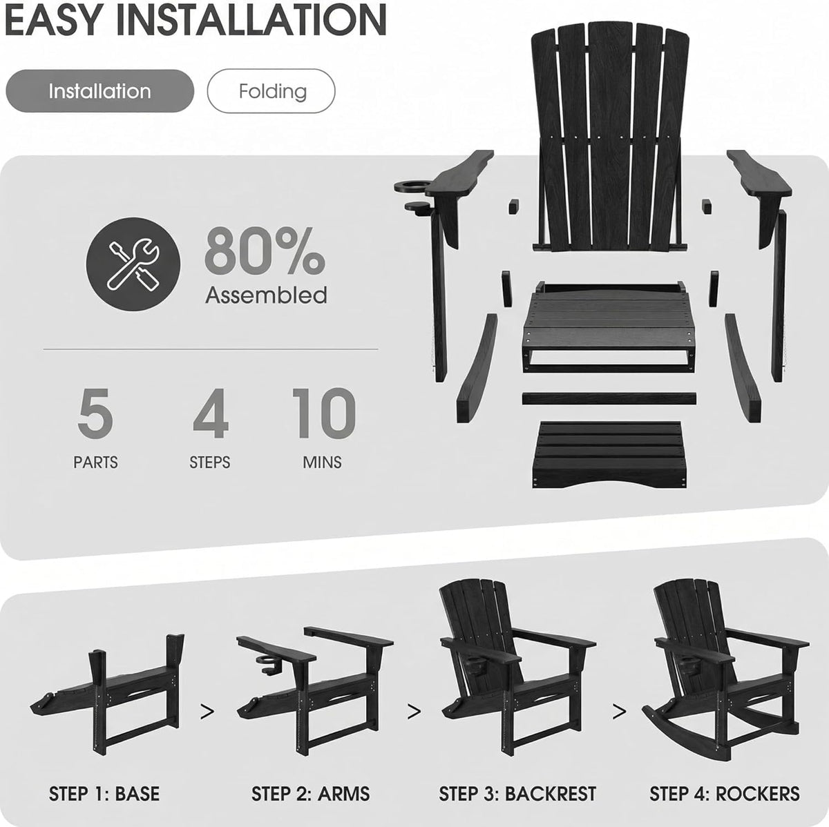 Adirondack Rocking Chair with Retractable Ottoman Set of 2,Outdoor Folding Adirondack Chair with Cup Holder,HDPE All-Weather Patio Lounge Chair for Porch,Lawn, Poolside, Black