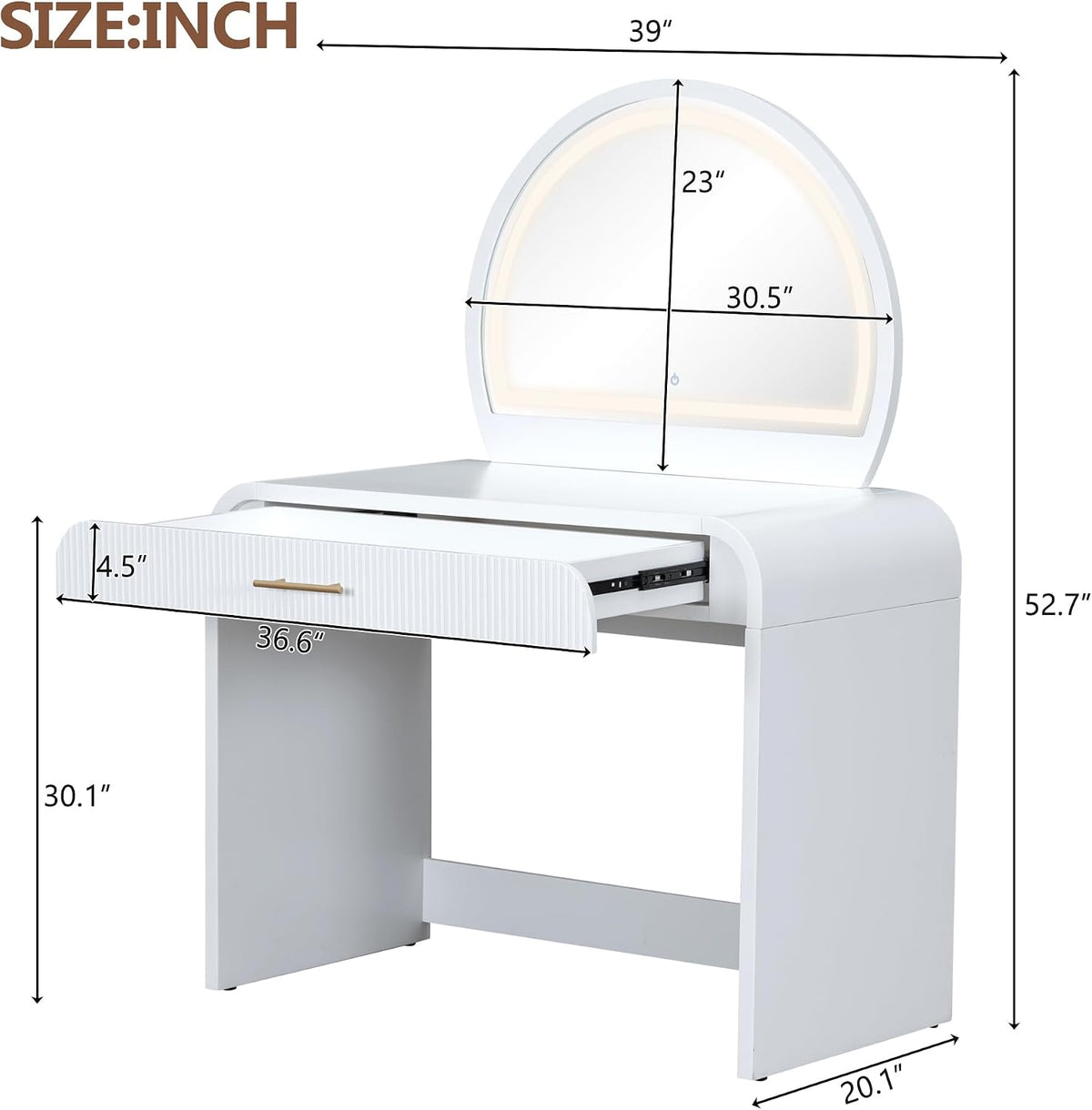 39" Vanity with Round Lighted Mirror & Touch Screen, Led Smart Mirror with 3 Color Lighting, Vintage Makeup Vanity with Drawer & Removable Top Dual-Purpose Desk for Bedroom, White