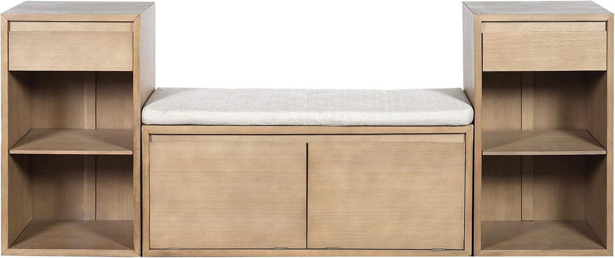 Merax Shoe Storage Bench with Cushion & Flip Compartments, All-in-One Entryway Bench with Drawers and Open Shelves, Solid Wood Storage Bench for Mudroom Hallway Living Room, Rustic Brown