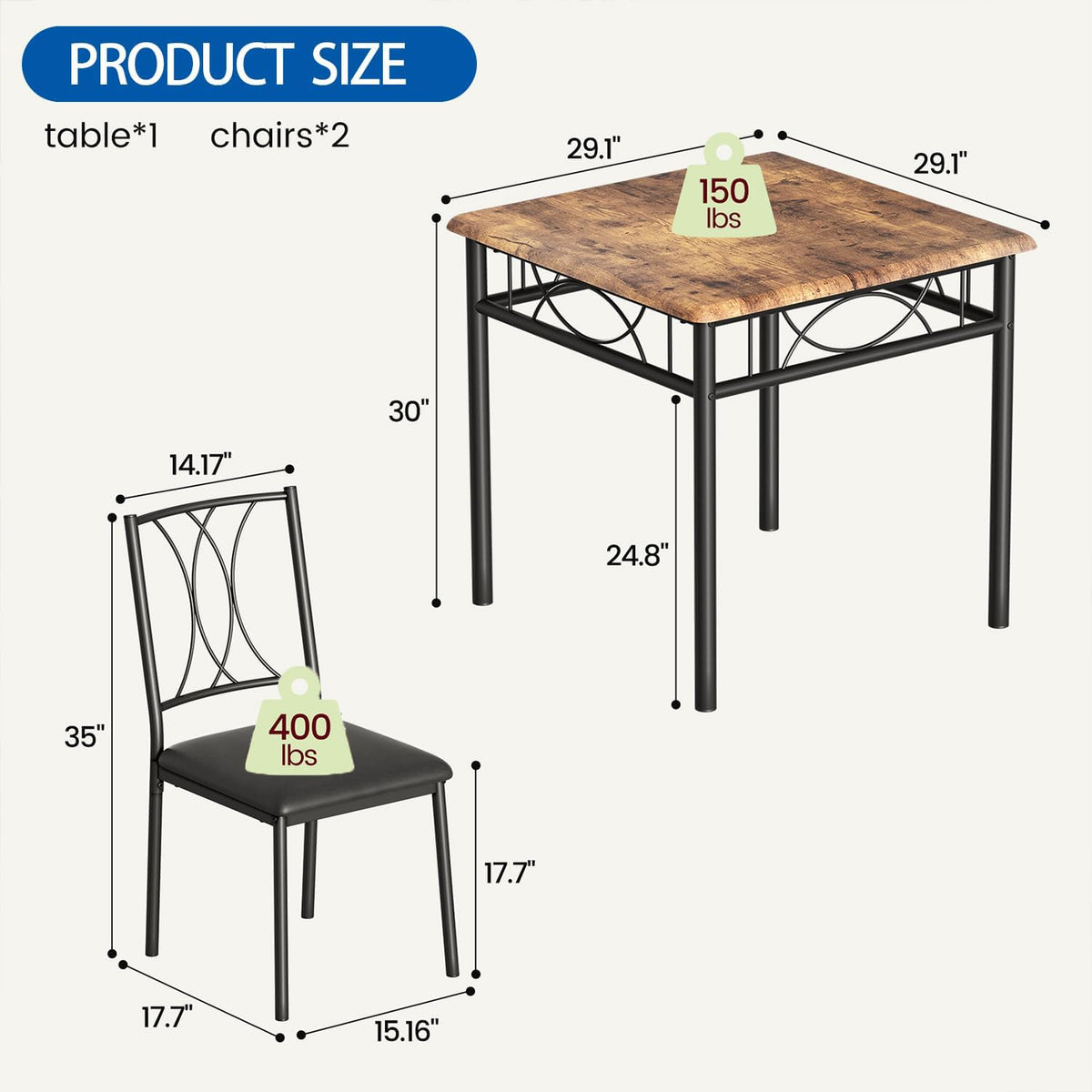 GarveeHome Small Dining Table Set for 2, Square Table and Chairs Set of 2, 3 Piece Kitchen Table Set of 2 with Upholstered Chairs, Dinner Table Set for 2 for Small Spaces, Apartment, Rustic Brown