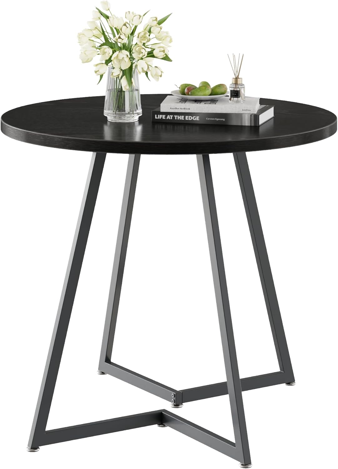 VECELO Round Dining Room Table with Wood Grain Tabletop and Steel Frame, for Kitchen, Living Room, Office, Conference, 2 to 4 Person, Black
