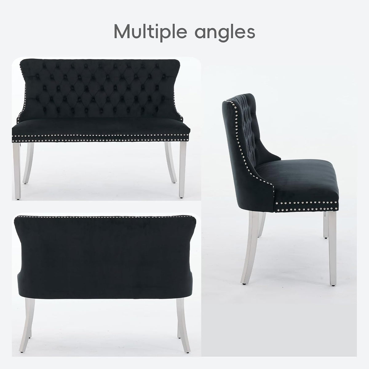 Black Velvet Dining Bench, Tufted Upholstered Dining Loveseat | Wing Back Seating with Silver Stainless Steel Legs, Modern Dining Room Furniture