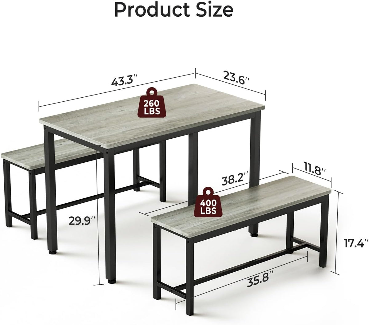 Tatub Dining Table Set for 4, 3-Piece Kitchen Table with 2 Benches, Space-Saving Dining Room Set for Breakfast Nook and Small Spaces, Grey | Kitchen Table and Chair Set,Dining Table with Chair, Space-Saving Dining Room Set for Breakfast Nook, Apartment