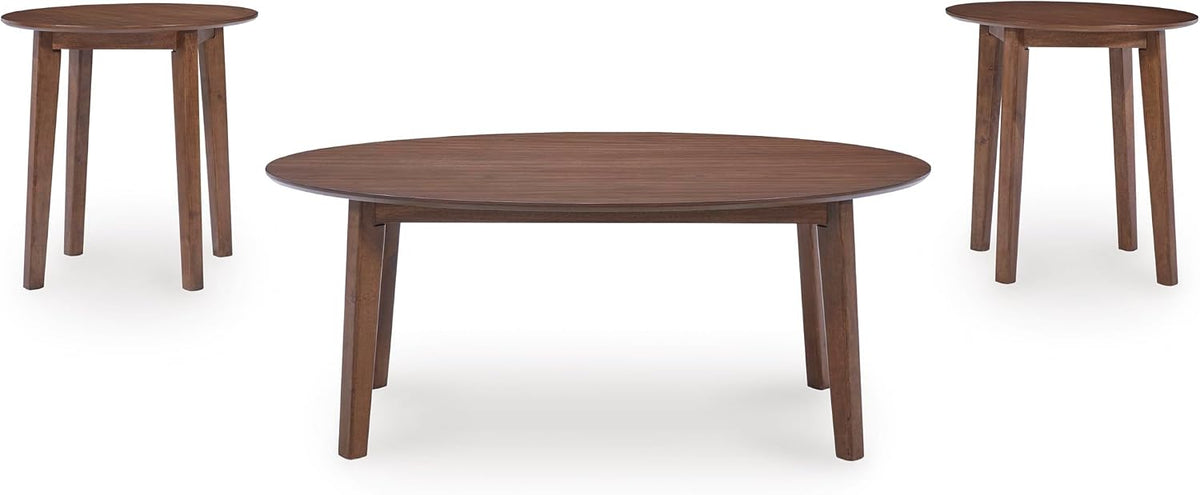 GTU Furniture Casual Wood Veneer Round 3-Piece Coffee Table Set, Cocktail Table with 2 Matching End Tables, Brown Finish for Living Room
