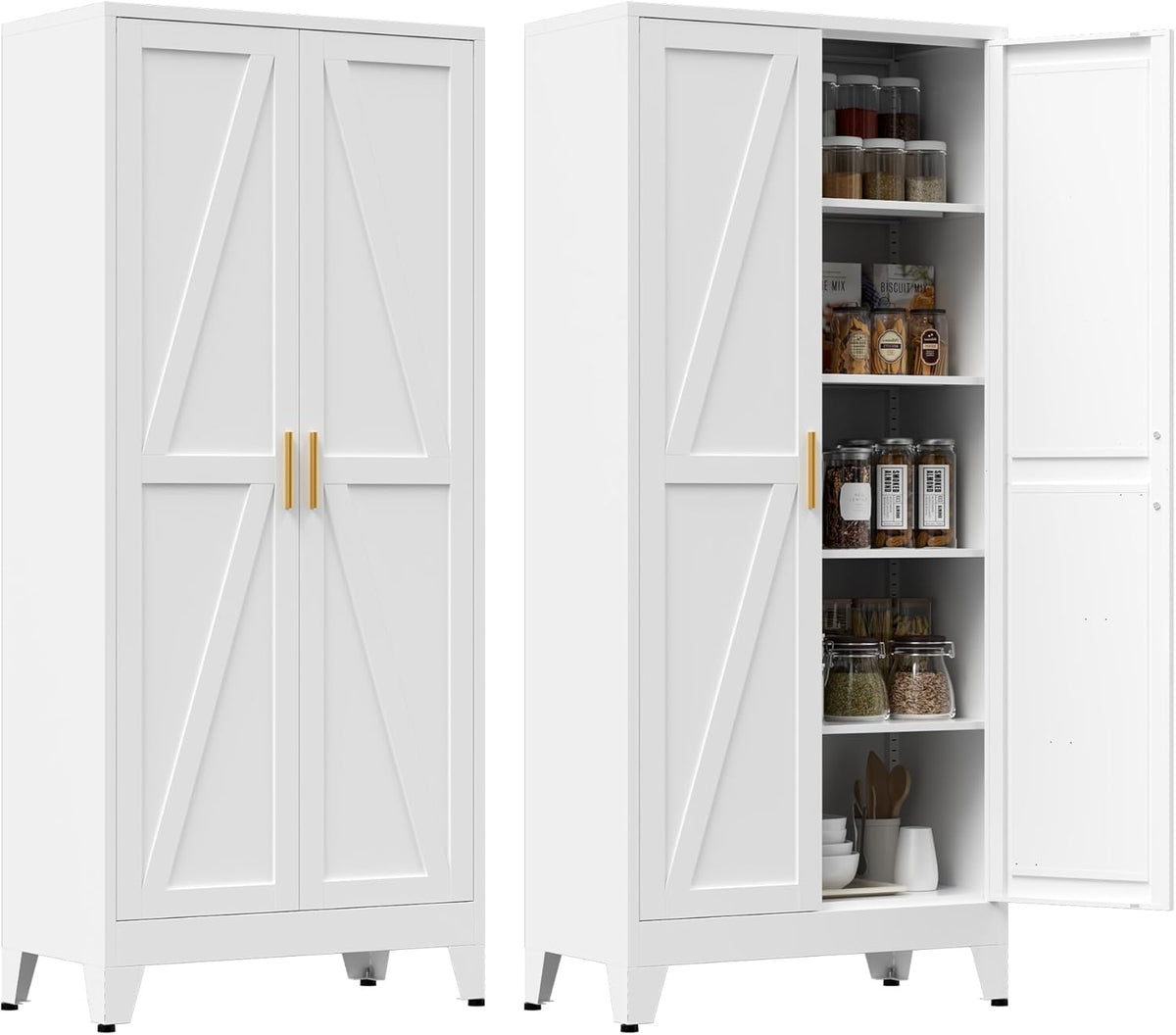 71" Tall Metal Pantry Cabinet, Kitchen Storage Cabinet with 2 Doors and 4 Adjustable Shelves for Kitchen, Living Room, Dining Room, Bathroom and Home, Office (White, 1PC)