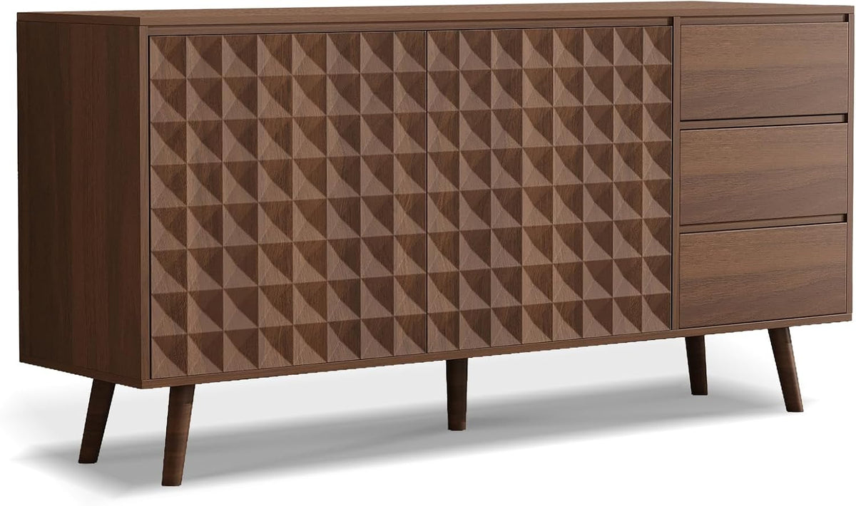 60" Buffet Cabinet with Storage, Sideboard Buffet Cabinet with 3 Drawers and 2 Doors, Mid Century Modern Coffee Bar Cabinet/TV Stand with Adjustable Shelves, Dark Brown
