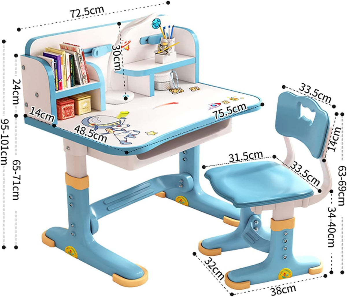 Height Adjustable Kids Desk and Chair Set, Upgraded Functional Desk and Chair Set, Kids School Desk, Writing Study Table for Girls Boys, Storage, Drawers, Bookshelf (Blue)