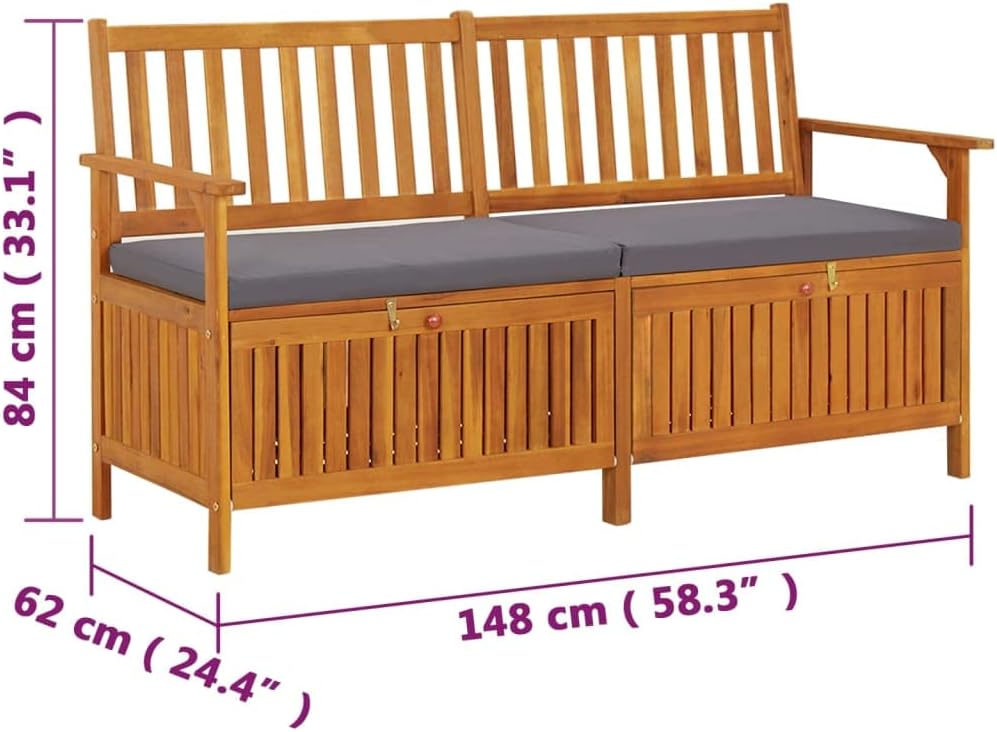 Outdoor Storage Bench with Cushion 58.3 inch Solid Acacia Wood Patio Furniture for Entryway Garden Deck Porch Seating and Organization Dark Gray