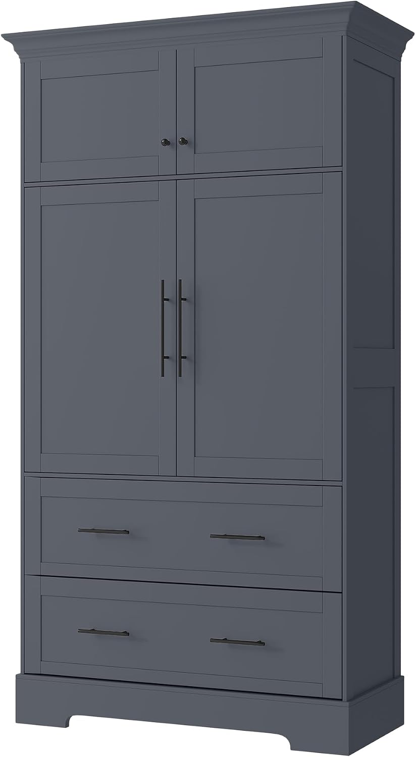 Farmhouse Freestanding Kitchen Pantry,4 Doors Dining Storage Cabinet with Pull-Out Trays, Drawers and Cake Pan Storage Organizer,for Dining Room Living Room (Grey-h)