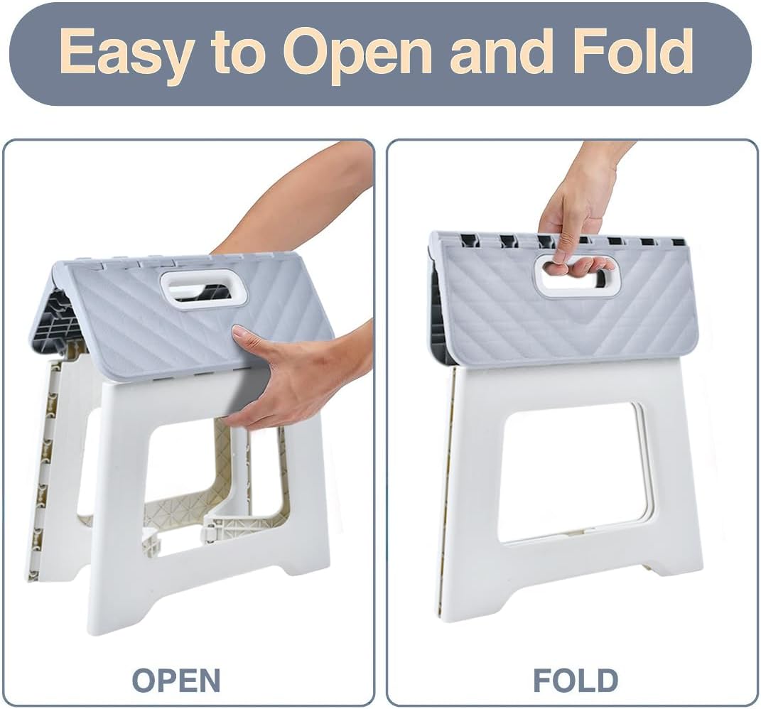 Folding Step Stool for Adults, Collapsible Plastic Stool, 2 Pack, Grey | Compact Foldable Design for Easy Storage,Textured Top Surface for Steady Footing, 2-Pack Set for Everyday Household Use
