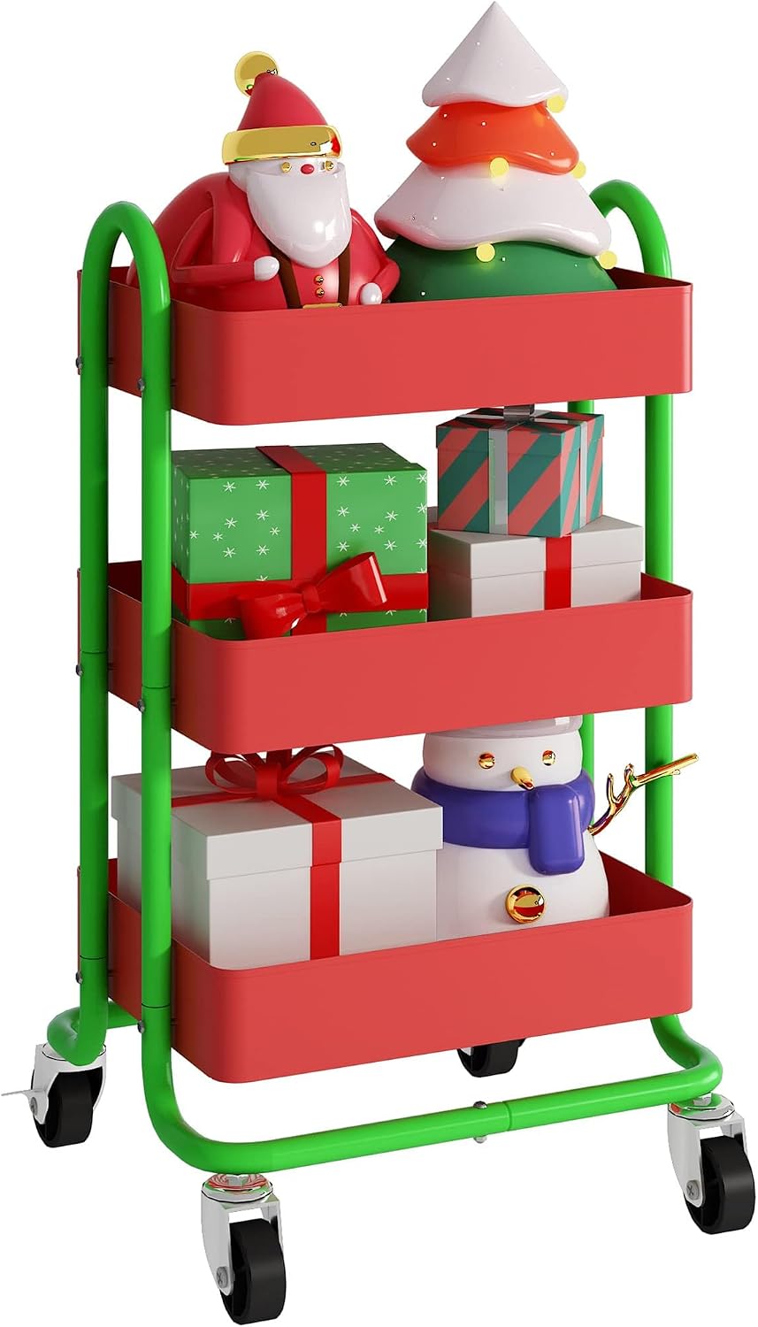 Metal Rolling Cart,3-Tier Metal Rolling Cart with Wheels,3 Tier Utility Cart with Wheels for Office,Home,Kitchen,Garden(13.4"x18.1"x31") Red+Green