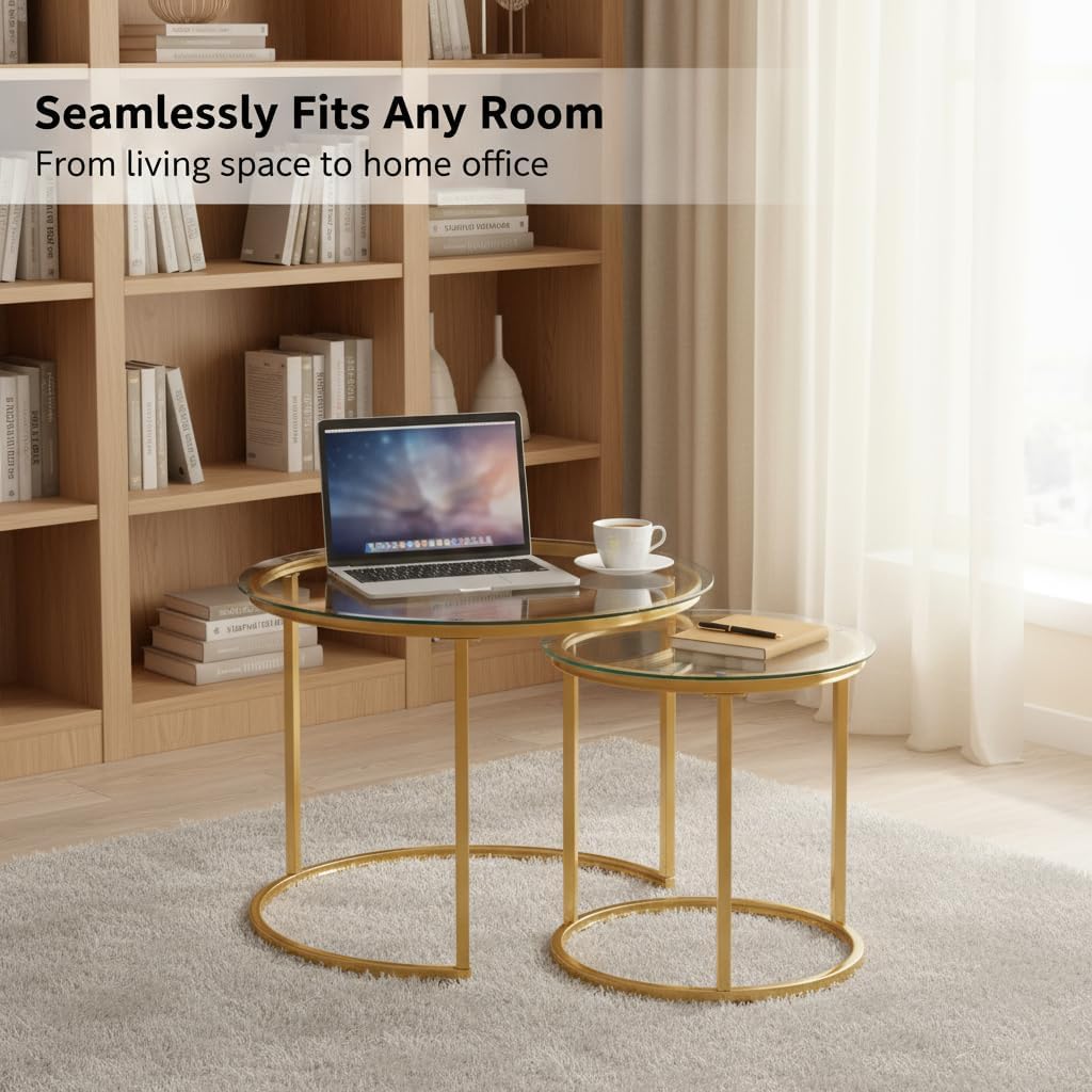 Round Nesting Coffee Table Set of 2, Glass Stacking Minimalist End Table | Modern Marble Pattern Wooden Nesting Tables for Living Room Bedroom Small Space, Clear Tempered Glass and Gold Leg