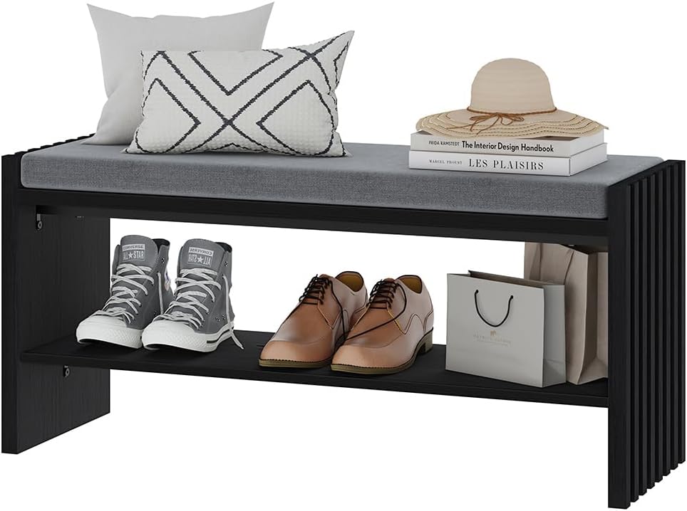 BON AUGURE 40" Entryway Shoe Bench with Storage & Cushion, Modern Fluted Shoe Rack for Mudroom, Sturdy Wooden Hallway Bench with 360 lbs Capacity, Black Oak