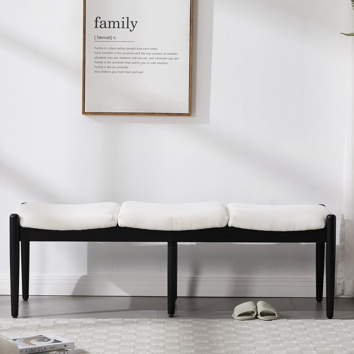 RIVOVA 54.25" Modern Ottoman Bench Upholstered Linen Bedroom End of Bed Bench Boho Bench Long Seating Bench Entryway Stool with Wood Legs for Living Room/Foyer, White