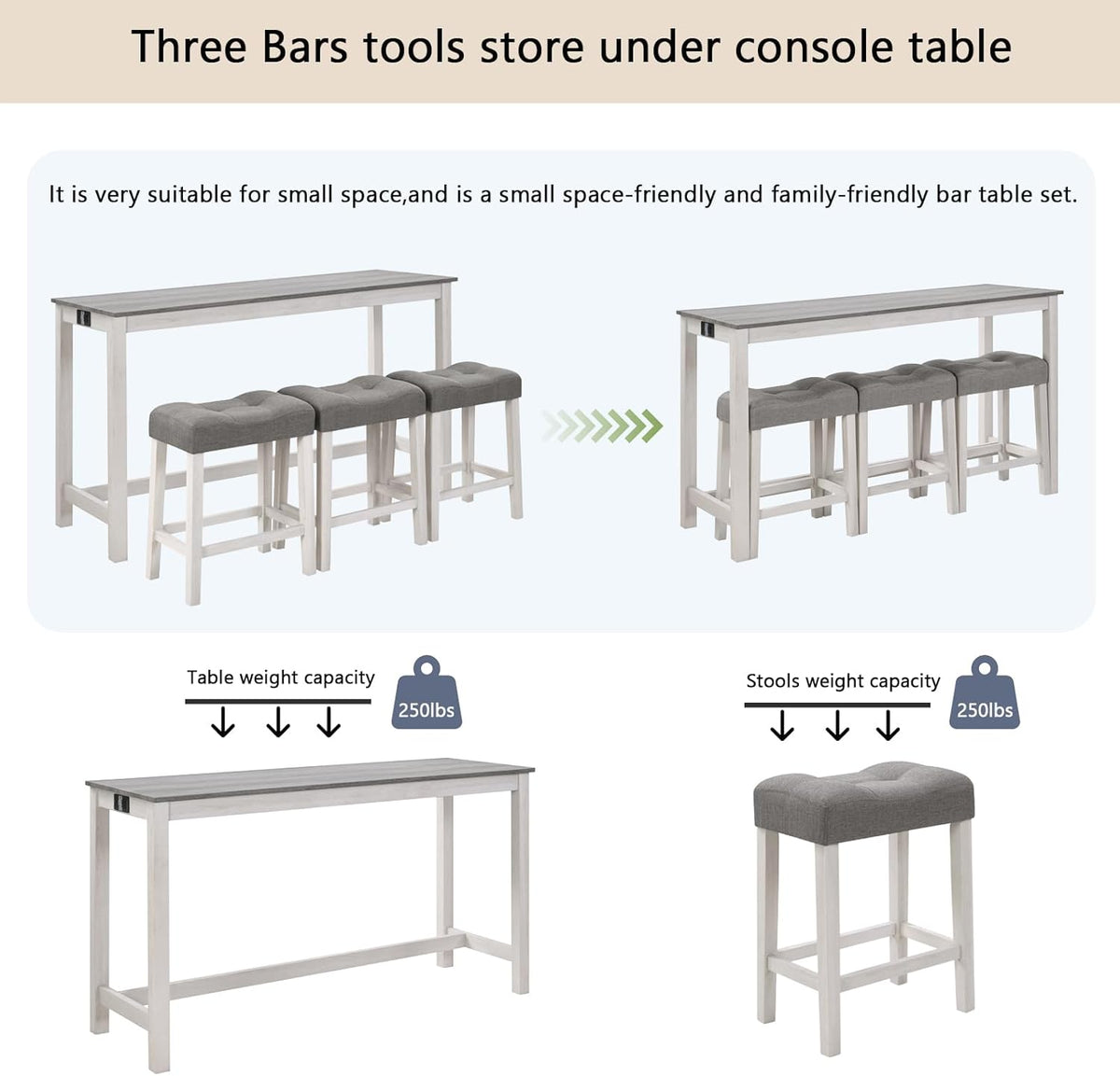 KEIKI 4-Piece Bar Table Set with Charging Ports, 59" Industrial Kitchen Table with 3 Upholstered Stools, Durable Wood Frame for Living or Dining Room, Gray & White