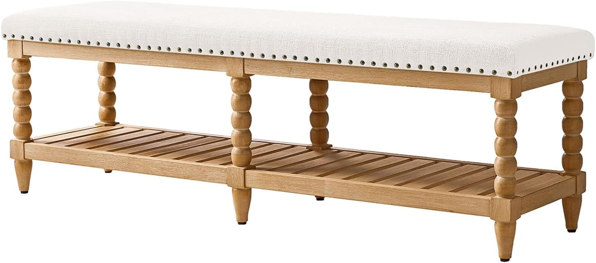 HULALA HOME Entryway Bench with Soild Wood Shelf, 58" Upholstered Shoe Storage Bench with Spindle Legs, Nailhead Trim Detail for Bedroom, Living Room, Hallway, Ivory