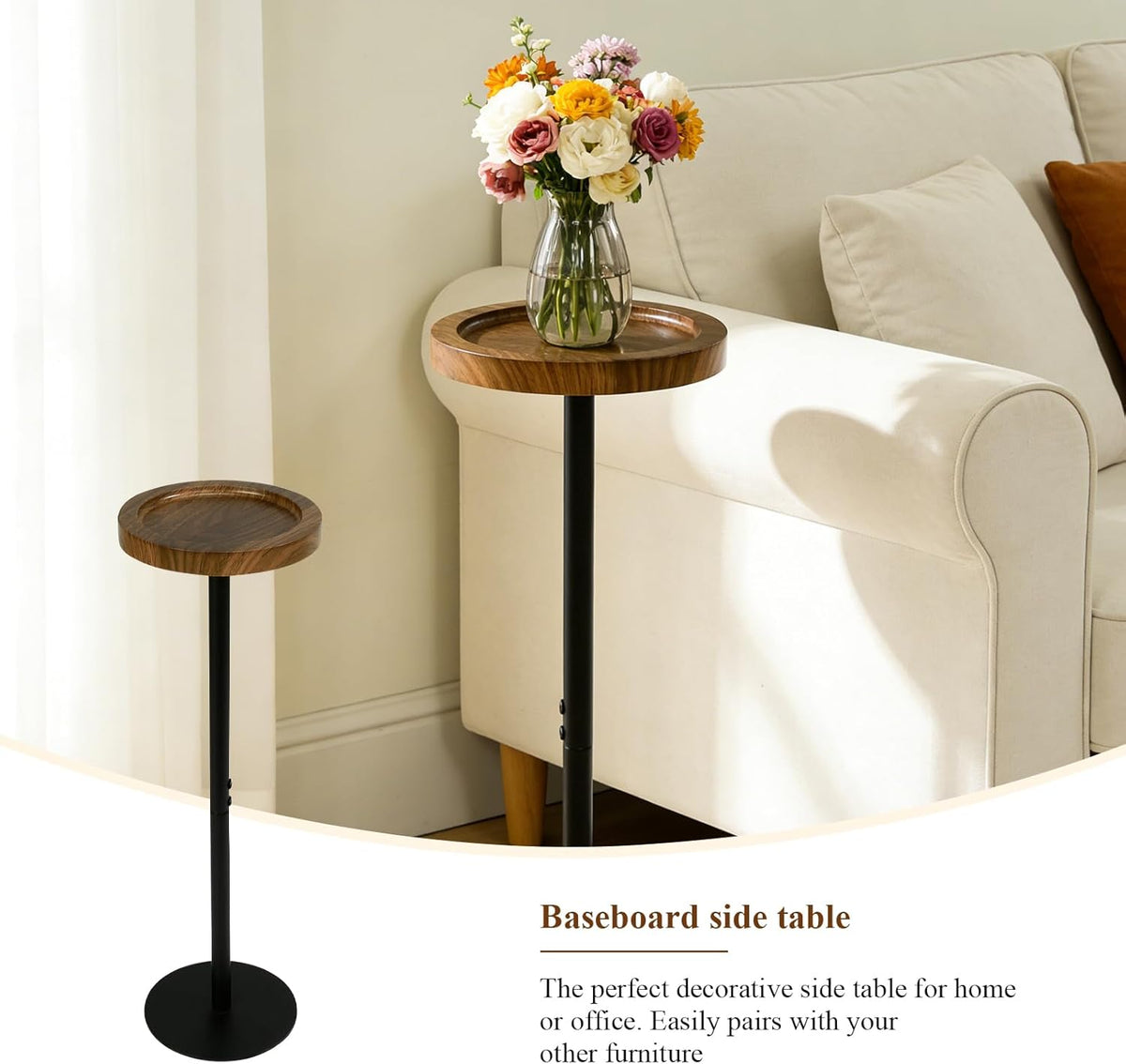 YYW Drink Table, 7.87" Round Side Table, Small Pedestal Side Table, Circle End Table with Metal Base, Martini Tables for Small Spaces, Living Room, Bedroom (Walnut Brown)