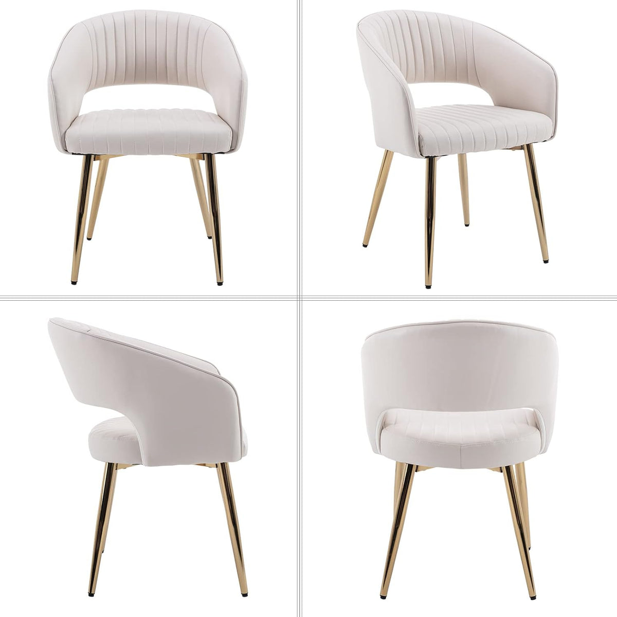 Modern Dining Chairs Set of 4, Upholstered PU Leather Dining Room Chairs with Gold Metal Legs, Accent Kitchen Chairs with Curved Backrest for Living Room, Cream