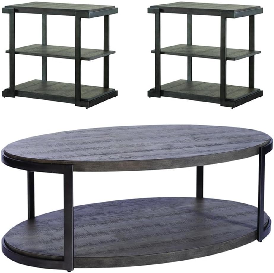 Pemberly Row 3-Piece Living Room Table Set, Metal Frame and Gray Wirebrush Finish, Includes Oval Cocktail Table with Casters and 2 Tiered End Tables, Open Shelf Design, Modern Coffee Table Set
