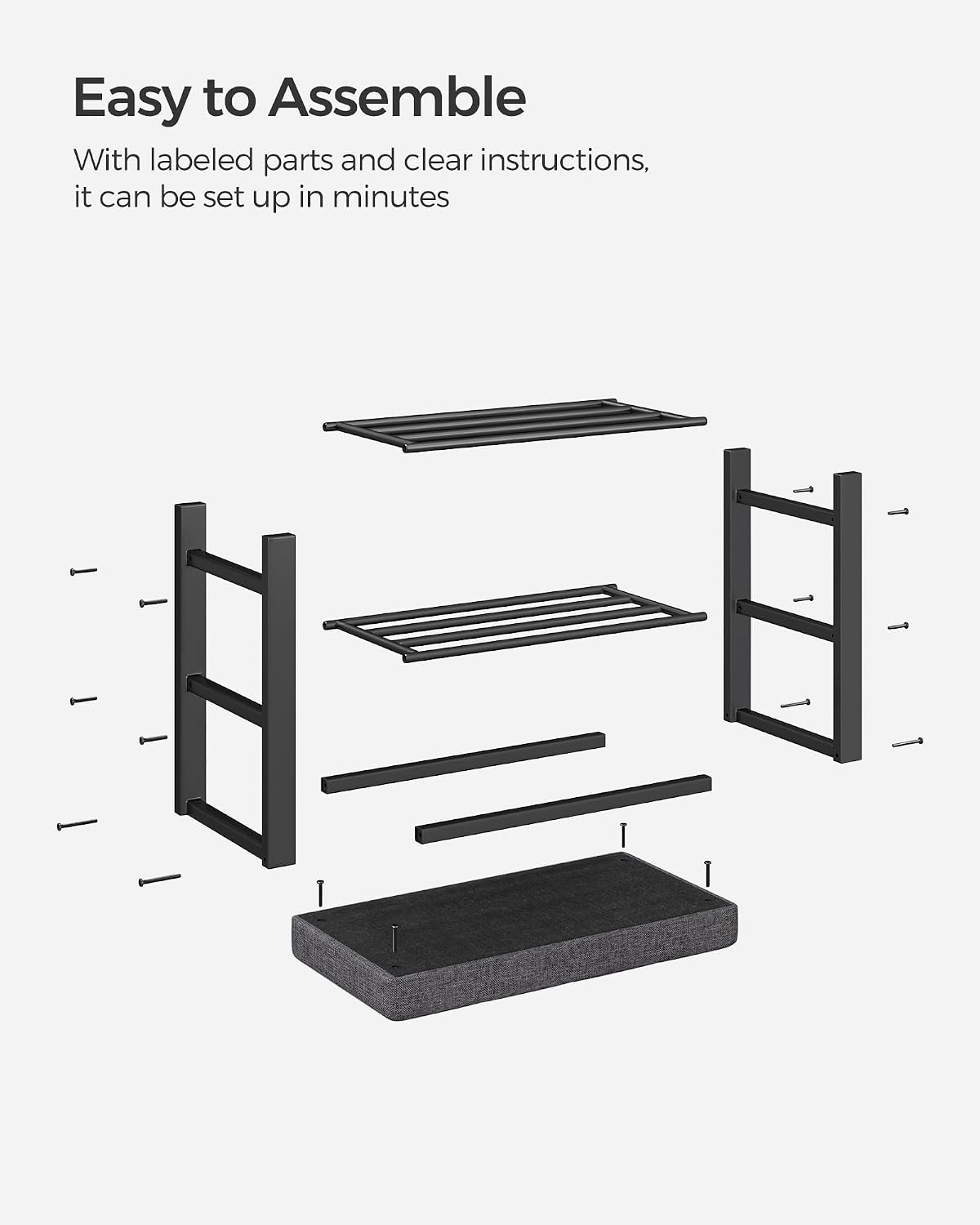 SONGMICS Shoe Bench, Storage Bench, Entryway Bench with Cushion, Shoe Shelf with Seat, Space-Saving, Modern Style, for Living Room, Bedroom, Hallway, Dark Gray and Ink Black ULBS576B33