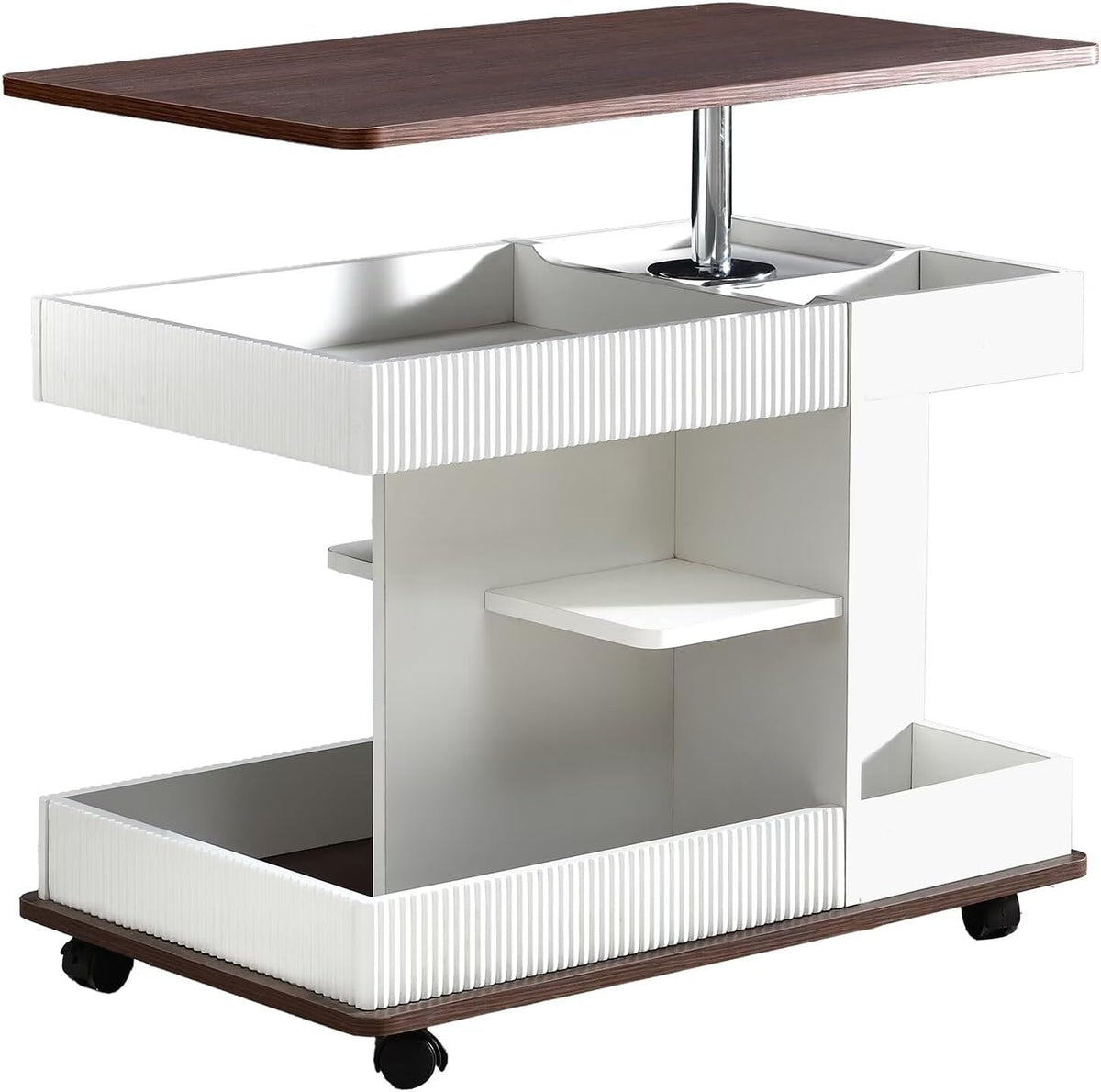 29.5" Adjustable End Table with Wheels, Modern Multifunctional Sofa Side Table with Lift-Top, 360°Rotating Top and Storage Space for Living Room, Small Space, Brown+White