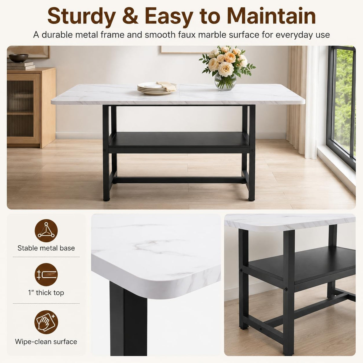 Dining Table for 6, 71" Rectangle Kitchen Table with Storage Shelf, Dinner Table Full White Faux Marble Top & Black Metal Frame for Dining Room Home Office – White
