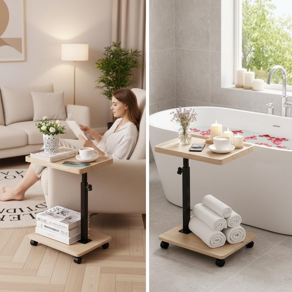 C Table End Table with Adjustable Height, C-Shaped Side Table for Couch & Bed, 360° Swivel TV Tray Table, Slide-Under Sofa Table for Snacks, Laptop & Small Spaces(Solid Wood Color)