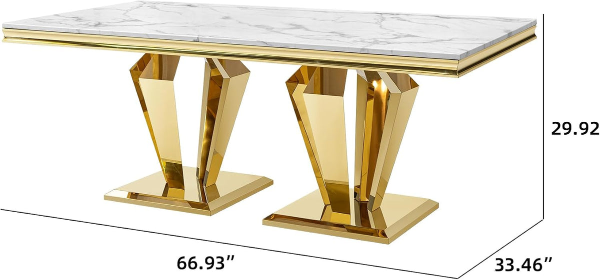 66.9" Dining Table for 4-6,Elegant Kitchen Table with Faux Marble Top Dining Room Furniture with Gold Base MDF Imitaion Marble Grain Top for Kitchen Dining Room/Meeting Room