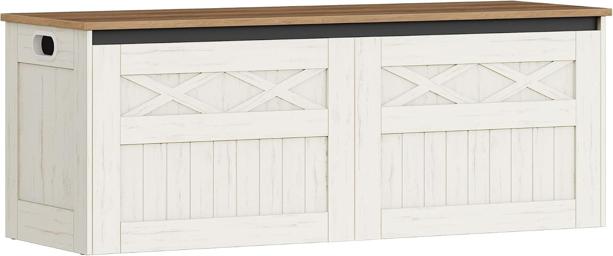 Hzuaneri 47.2" Storage Chest, Large Storage Bench with 2 Hinges, Farmhouse Wooden Box Bench, Lift-Top Organizer Chest, Wooden Bed End Bench, Suitable for Entryway, Bedroom, Retro White SB51214X