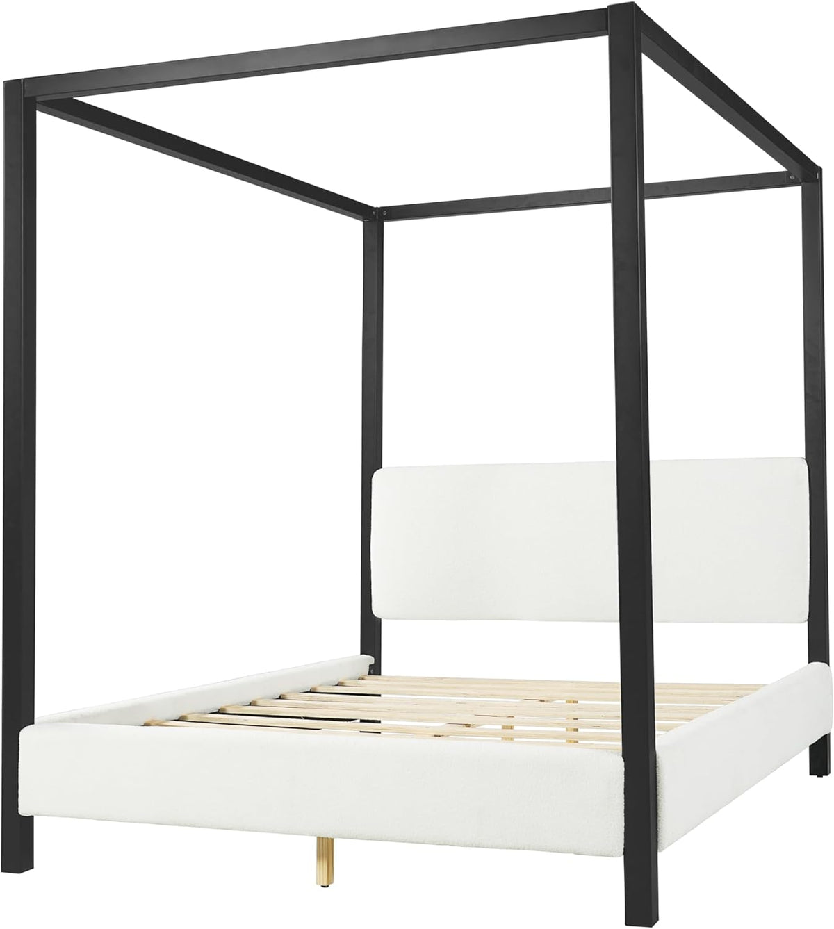 LUMISOL Queen Size Metal Canopy Bed with Upholstered Headboard, Modern Black Four Poster Bed Frame, Heavy Duty Canopy Platform Bedframe with Wood Slat Support & White Boucle Upholstery Fabric