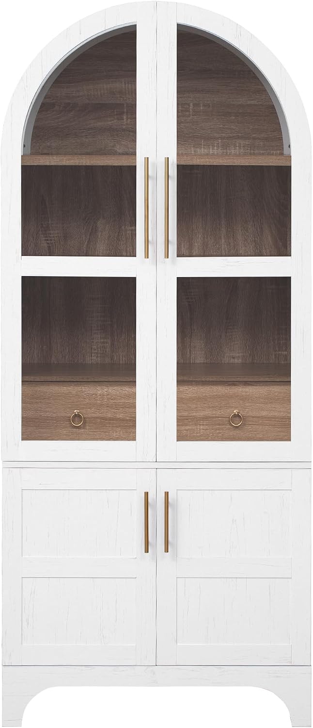 Merax 71" Farmhouse Arched Pantry Cabinet with Glass Doors & Hidden Drawer, Adjustable Shelves Storage Cupboard for Kitchen/Dining Room, White
