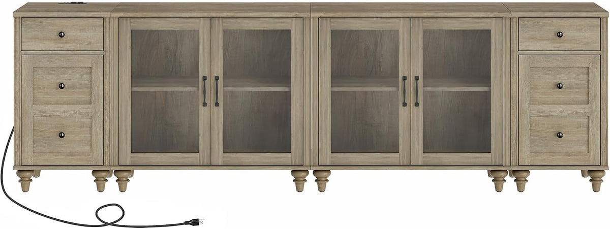 WAMPAT Sideboard Buffet Cabinets with 4-Glass Door, 4-in-1 Kitchen Storage Cabinets with Charging Station, Wood Coffee Bar Table with Adjustable Shelf & 2 Drawers for Dining Room, Living Room, Grey