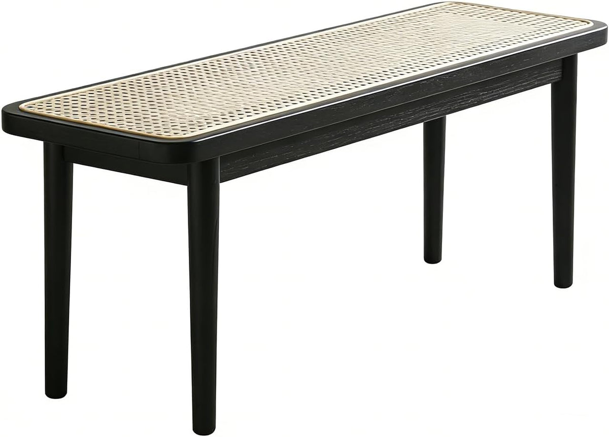 39 Inch Black Skinny Bench with Handwoven Rattan - Dining Bench, Solid Oak Frame for Kitchen, Restaurant, Entryway or Hallway