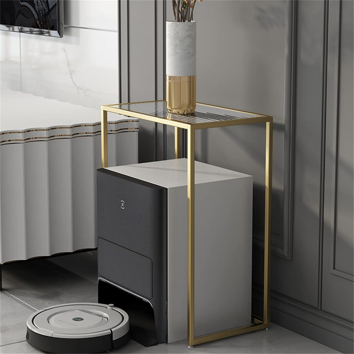 Tall Telephone Stand, Slim Side Table Narrow End Table Rectangular Glass Coffee Table Waterproof Storage Tables for Living Room, Office and Hallway,White 50 * 40 * 65cm