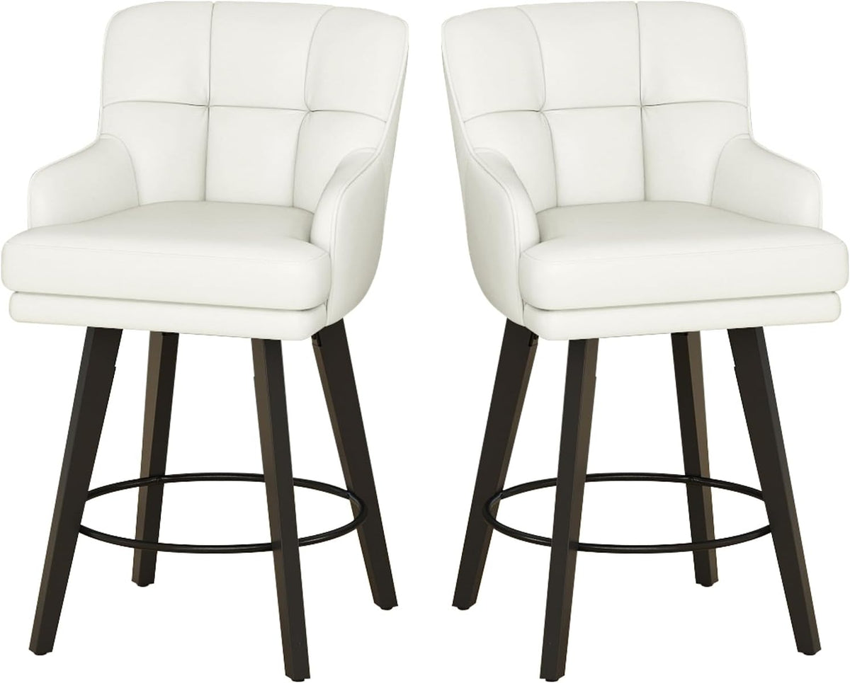 SAECKBERG 360°Swivel Counter Height Bar Stools with Back, 26 inch Solid Wood Legs, Bar Stool Modern Kitchen Island Chairs, Faux Leather (Beige- Faux Leather, 26" H- Set of 2)