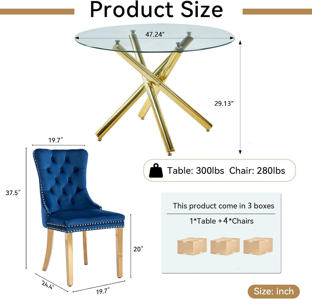 Round Glass Dining Table Set for 4, Small Kitchen Table Set for 4, 47" Circle Gold Glass Dinner Table for 4 with Navy Blue Velvet Chairs, 5 Piece Dining Room Table Set for 4 for Breakfast Dinette Cafe