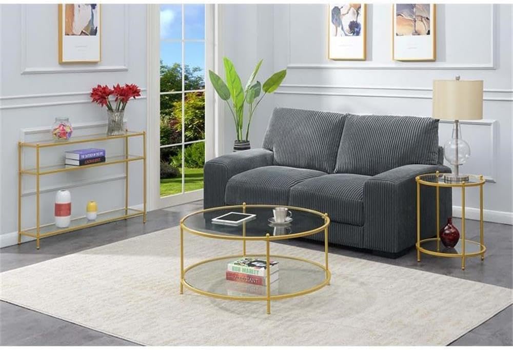 Pemberly Row Contemporary Gold Metal End Table, 16.25" W x 16.25" L x 24.5" H, Clear Glass Shelves, 3-Tier Sturdy Frame, Modern Accent Table for Living Room Decor and Storage