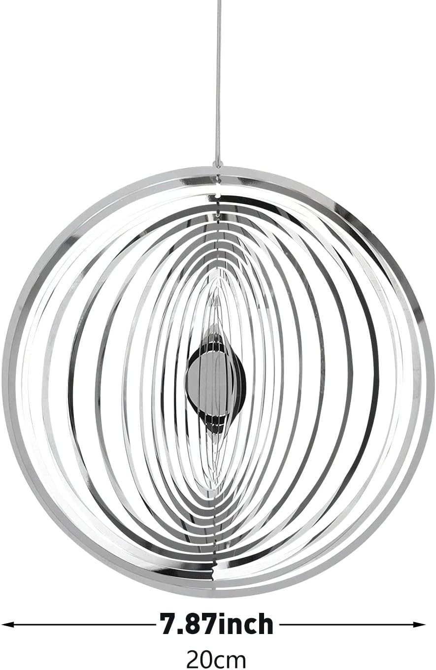 Hanging Wind Spinner Outdoor Metal Decorations, Silver Wind Spinners for Yard and Garden,3D Mirror Stainless Steel Wind Sculptur Chime Indoor Outdoor Garden Decoration Worth Gift (Round)
