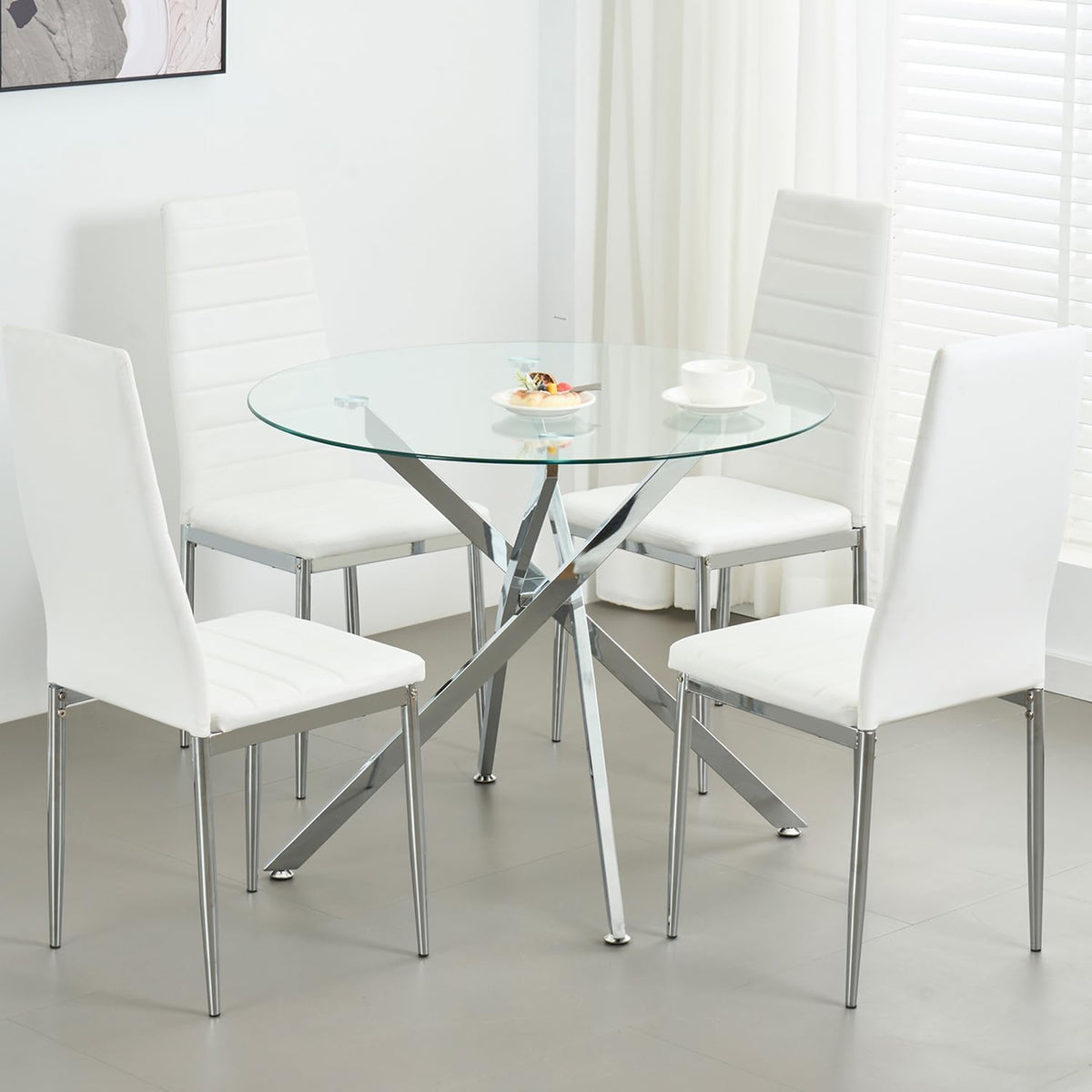 Modern Dining Table for 4 People, 36" Round Dining Table with Silver Chrome Metal X-Base, Circle Tempered Glass Dining Room Table, Small Kitchen Dining Room Tables Dinner Tables