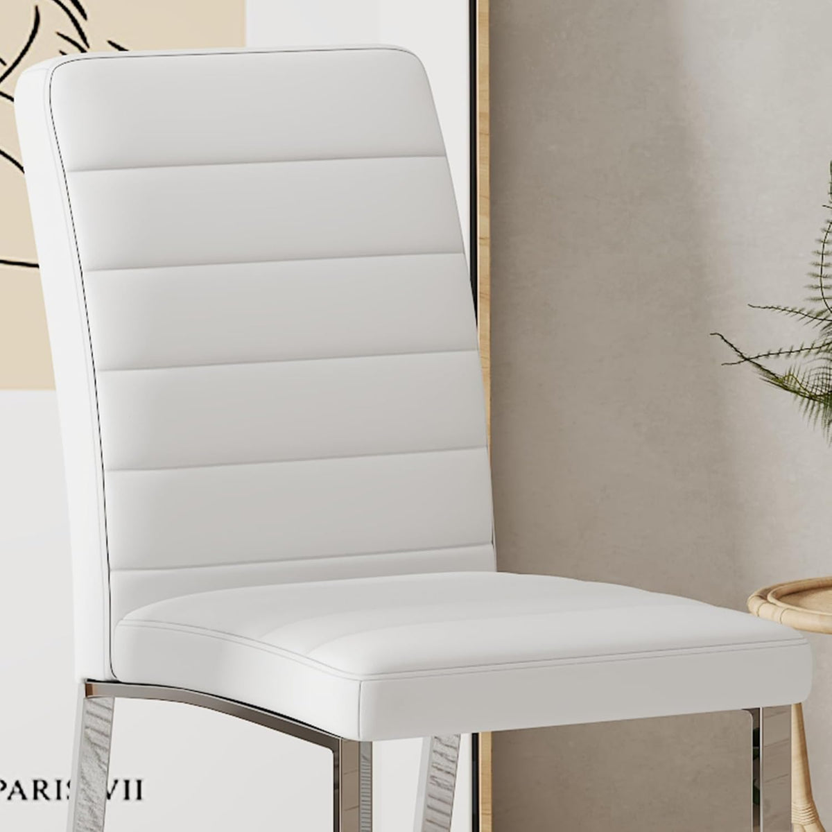 Modern Dining Chairs Set of 4, White Faux Leather Kitchen Chairs, Upholstered Armless Dining Room Chair with Silver Mental Legs Heavy Duty, Comfortable (White Chairs, Set of 4)