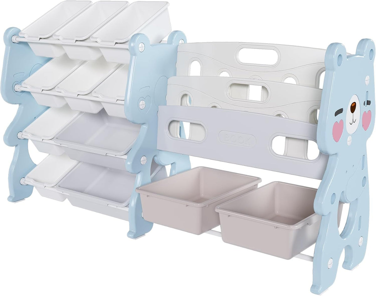 Runboll Kids Toy Storage Organizer with 2 Tier Bookshelf and 12 Bins, Multi-Purpose Children's Toy Shelf Organizer with Bins for Playroom, Bedroom, Nursery, Living Room