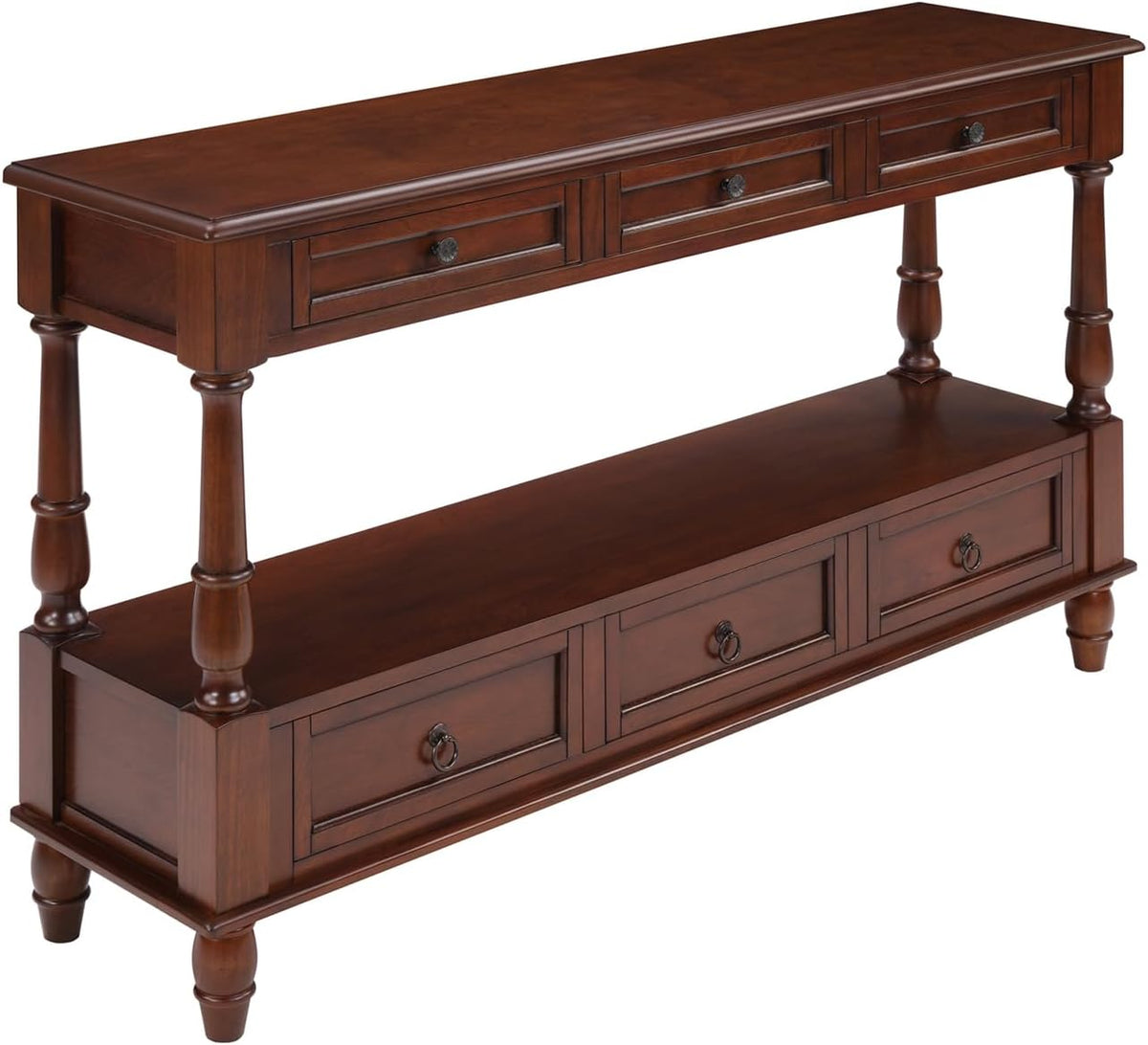 Vintage Solid Wood Console Table with 6 Drawers - 54" Hallway Sofa Table with Bottom Shelf for Entrance, Living Room & Foyer, Cherry