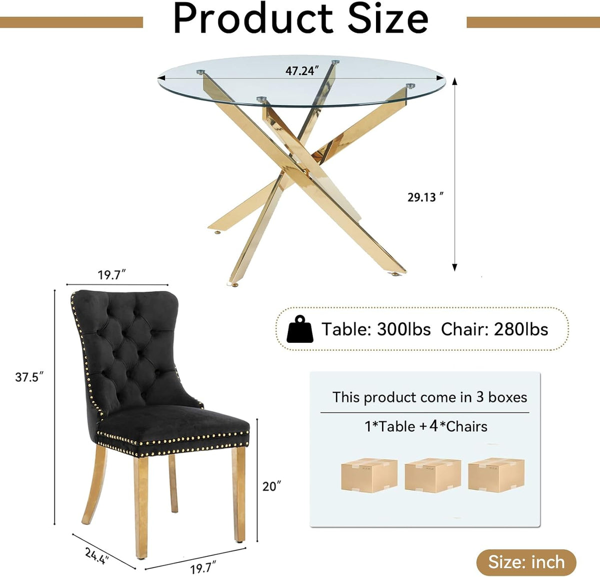Round Glass Dining Table Set for 4, Small Kitchen Table Set for 4, 47" Circle Gold Glass Table and Chairs Set of 4,5 Piece Round Dining Room Table Set w/Black Velvet Chairs for Breakfast Dinette Cafe